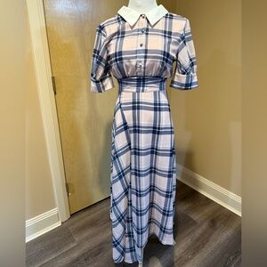 English Factory Blue/Pink/White Plaid Midi Dress